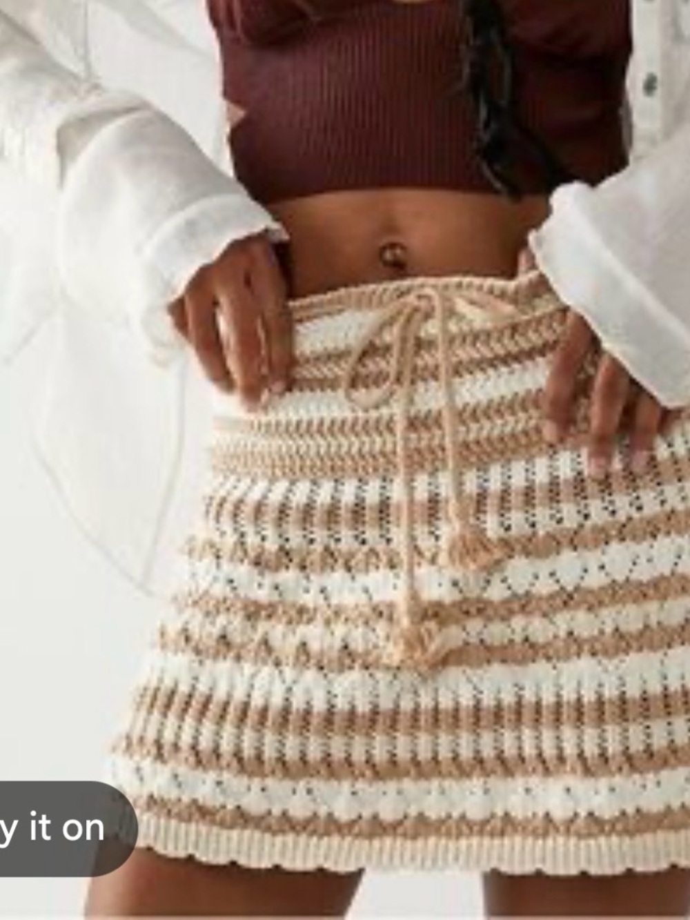 Free People Beach Crocheted Knit Mini Skirt XS Beige Cream Stripe Boho Festival